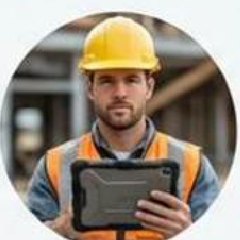 Liam Edwards in a yellow hard hat holding a rugged tablet