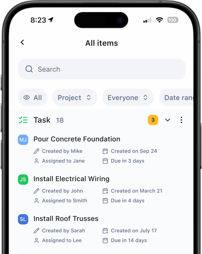 JobBuddy items list tracking concrete foundation, electrical wiring and roof trusses