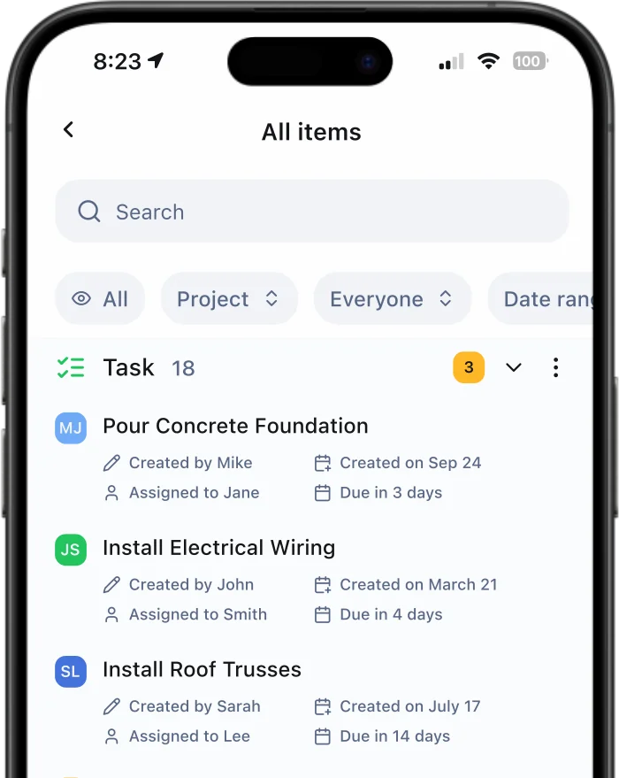 JobBuddy items list tracking concrete foundation, electrical wiring and roof trusses