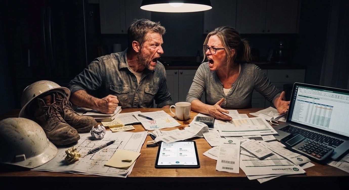 A contractor and his wife yelling at each other across a kitchen table buried in receipts, blueprints, a calculator and QuickBooks printouts at night