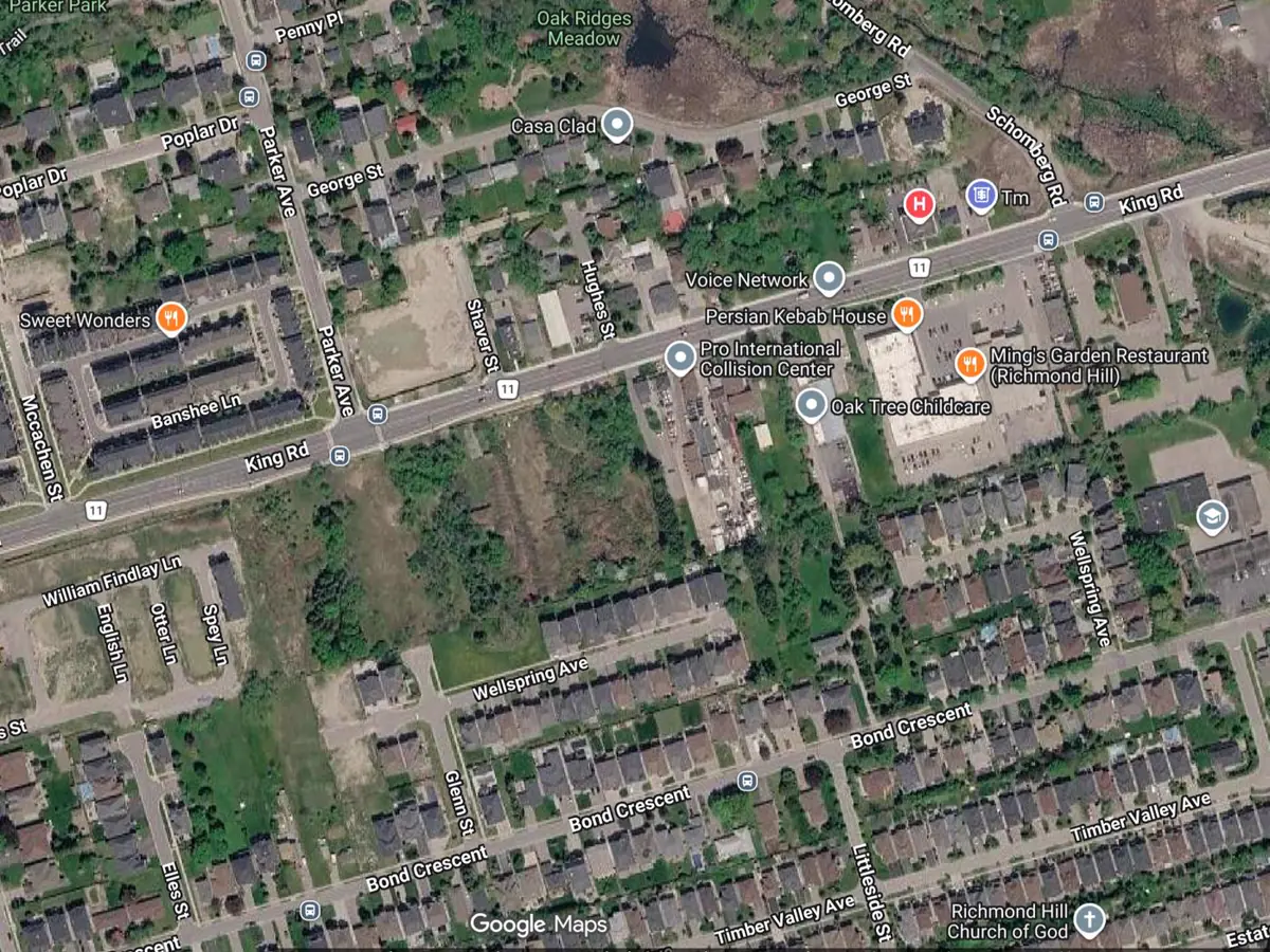 Map of a job site with a geofence drawn around it: a clock-in inside the boundary is accepted, one from a business across the road is denied