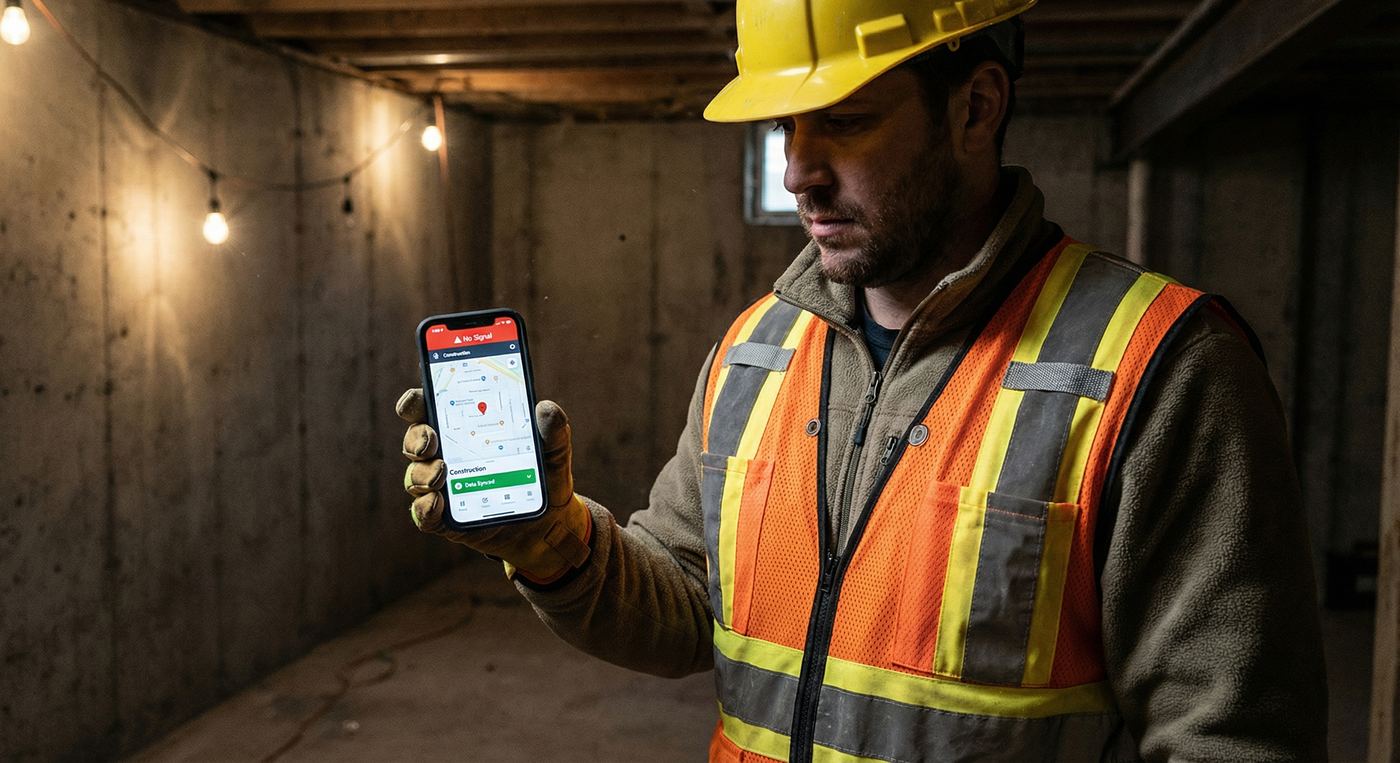Worker logging a foundation pour from a basement with no signal - offline mode active