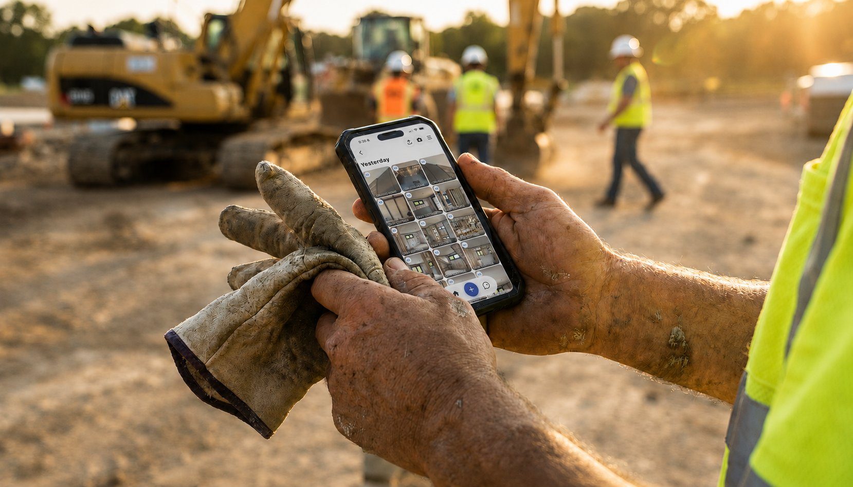 A construction worker's gloved hand holding a smartphone showing the JobBuddy photo roll - a grid of geotagged jobsite photos